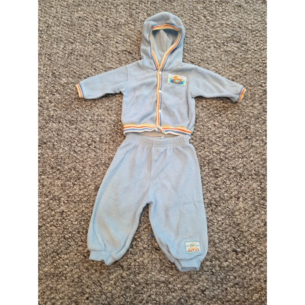 Vintage 80s Carter's Outfit Blue Terry Bath Set Rubber Duckie Baby Boy 6m